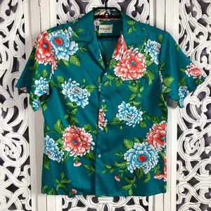 Vintage Pomare Hawaiian Shirt Polyester Teal Rare Floral Men's S/M FLAW